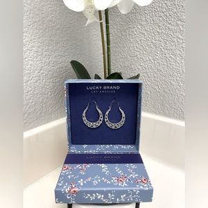 Lucky Brand Silver Tone Floral Hoop Earrings NIB